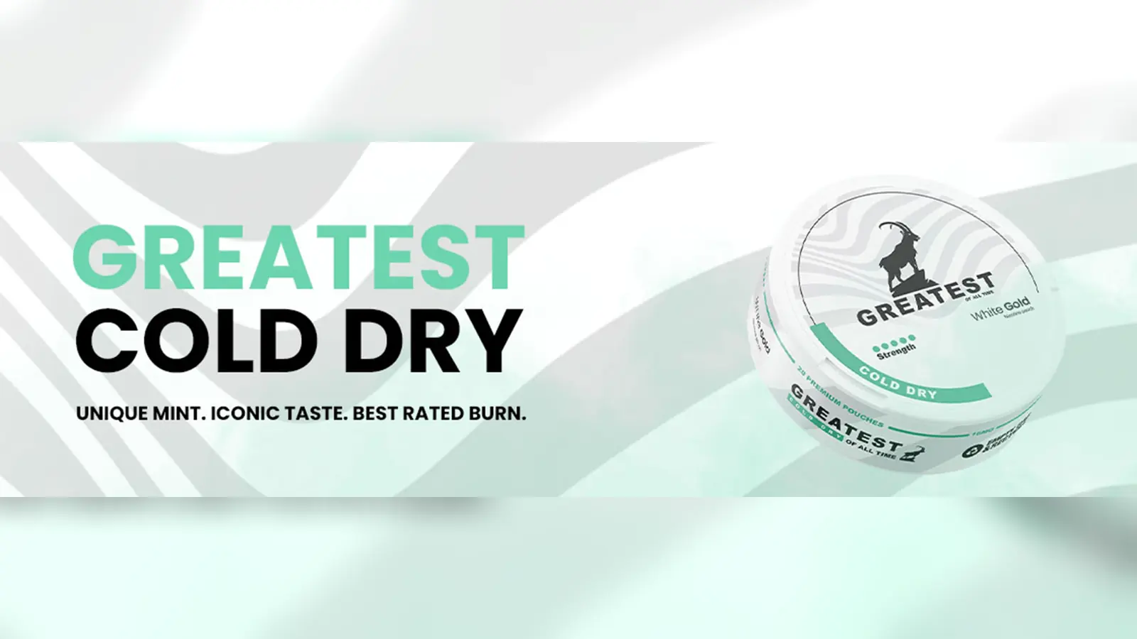 Greatest Cold Dry banner: the GREATEST COLD DRY wordmark beside the White Gold can on a mint wave