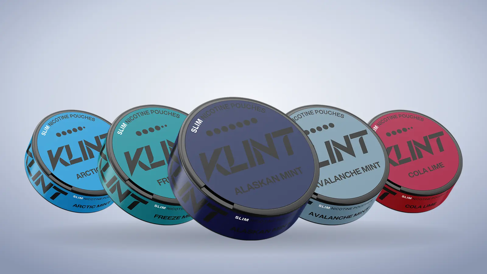 Five KLINT slim nicotine pouch cans in a row: Arctic Mint, Freeze Mint, Alaskan Mint, Avalanche Mint and Cola Lime