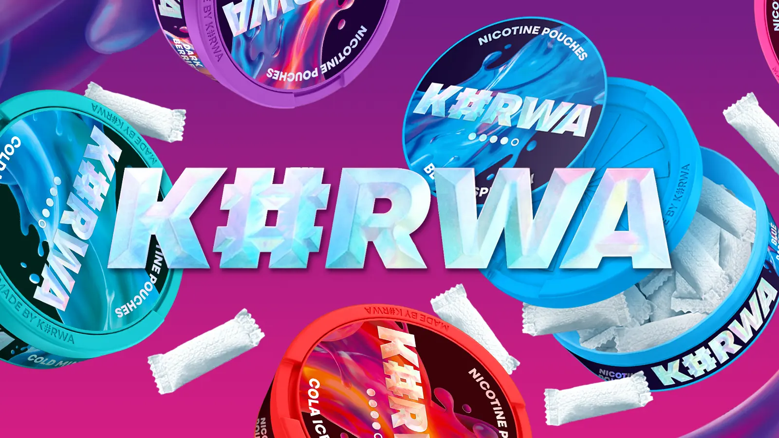 K#RWA nicotine pouch cans and loose pouches flying around the K#RWA wordmark on a magenta ground
