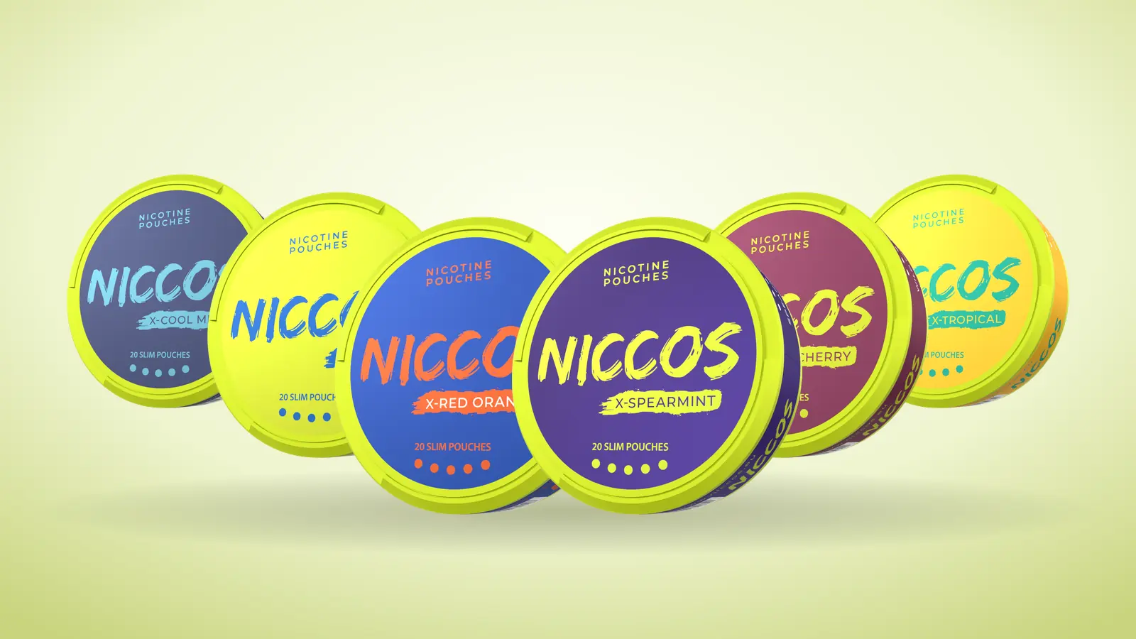 Six NICCOS X nicotine pouch cans in a row: Cool Mint, Tropical, Pear, Wild Cherry, Red Orange and Spearmint