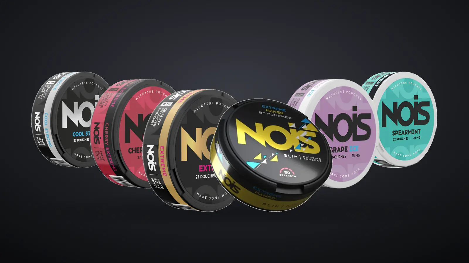 Six NOIS nicotine pouch cans in a row: Cool Strong, Spearmint, Cherry Extreme, Grape Ice, Extreme and Mango Extreme