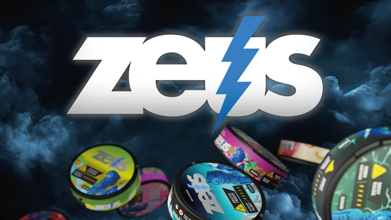 The ZEUS wordmark with its blue lightning bolt over storm clouds, ZEUS cans tumbling below it