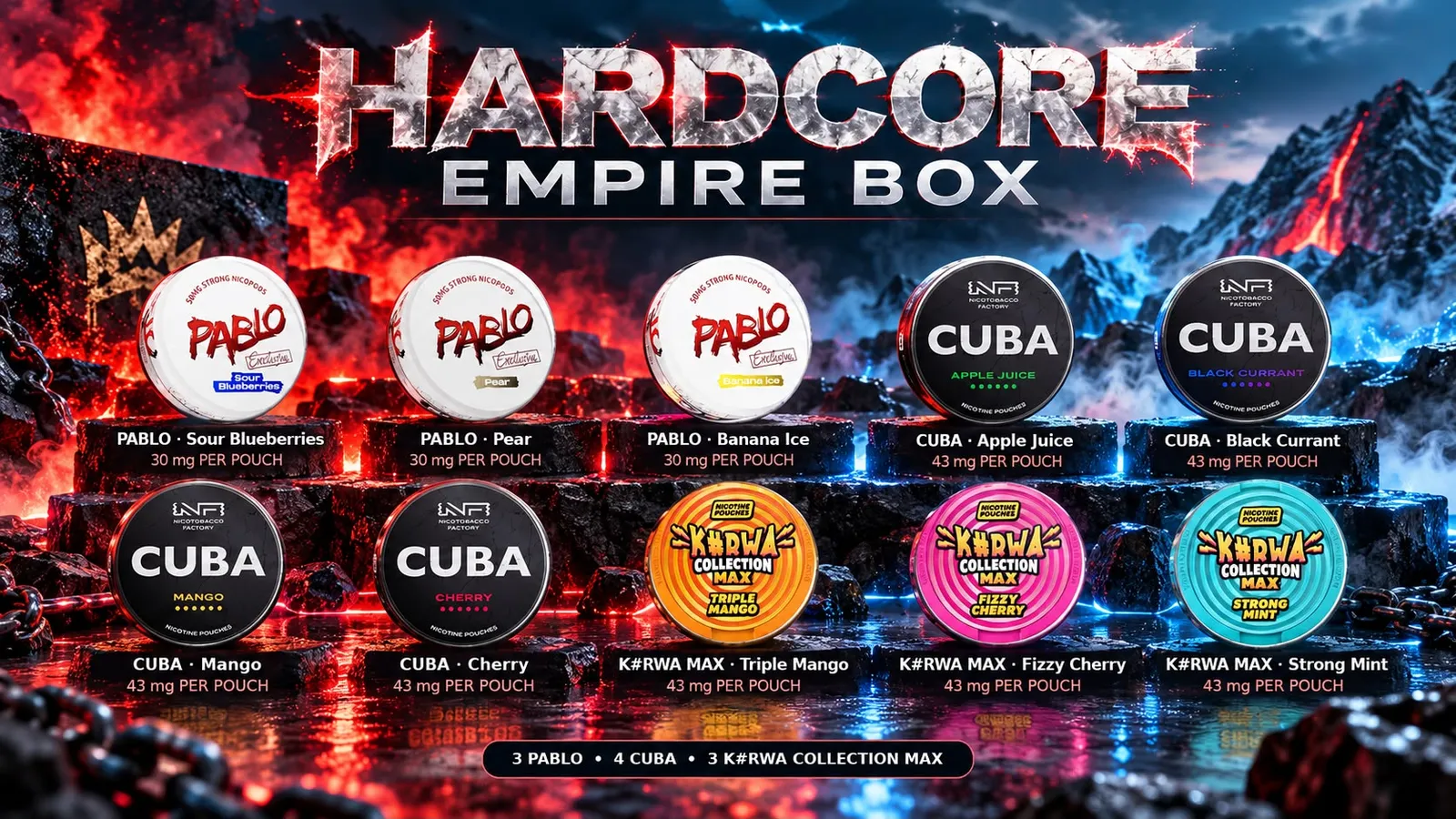 Hardcore Empire Box — ten cans shown on the box's banner artwork