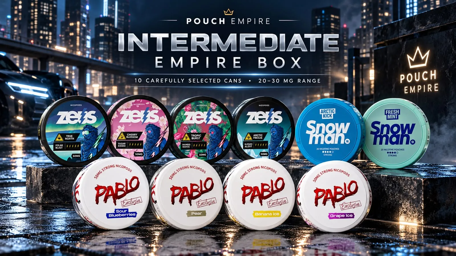 Intermediate Empire Box — ten cans shown on the box's banner artwork