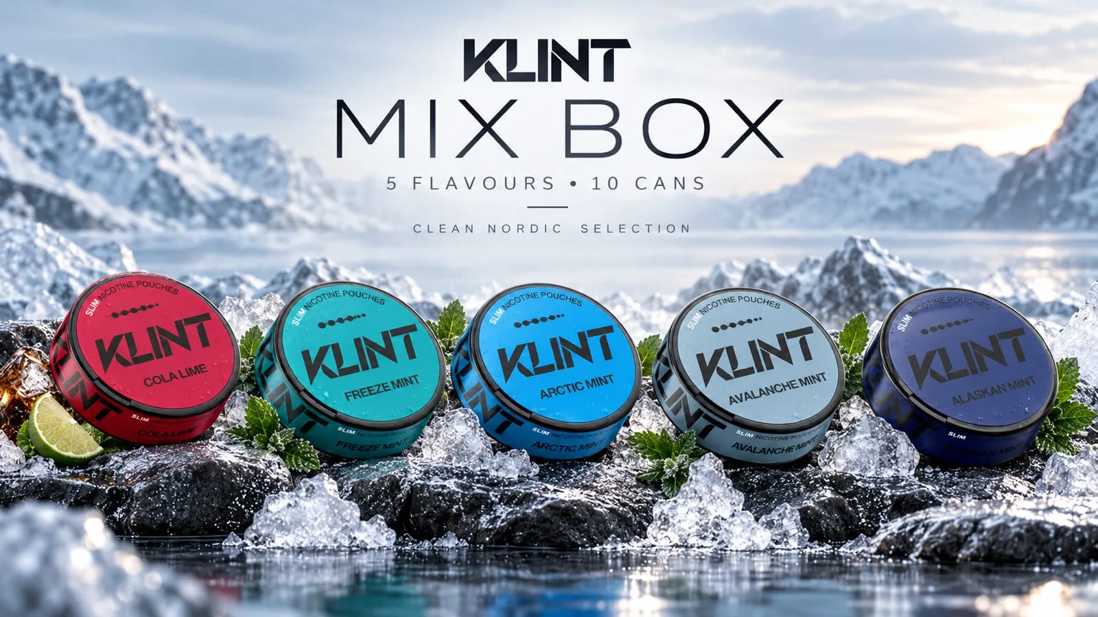 KLINT Mix Box — ten cans shown on the box's banner artwork