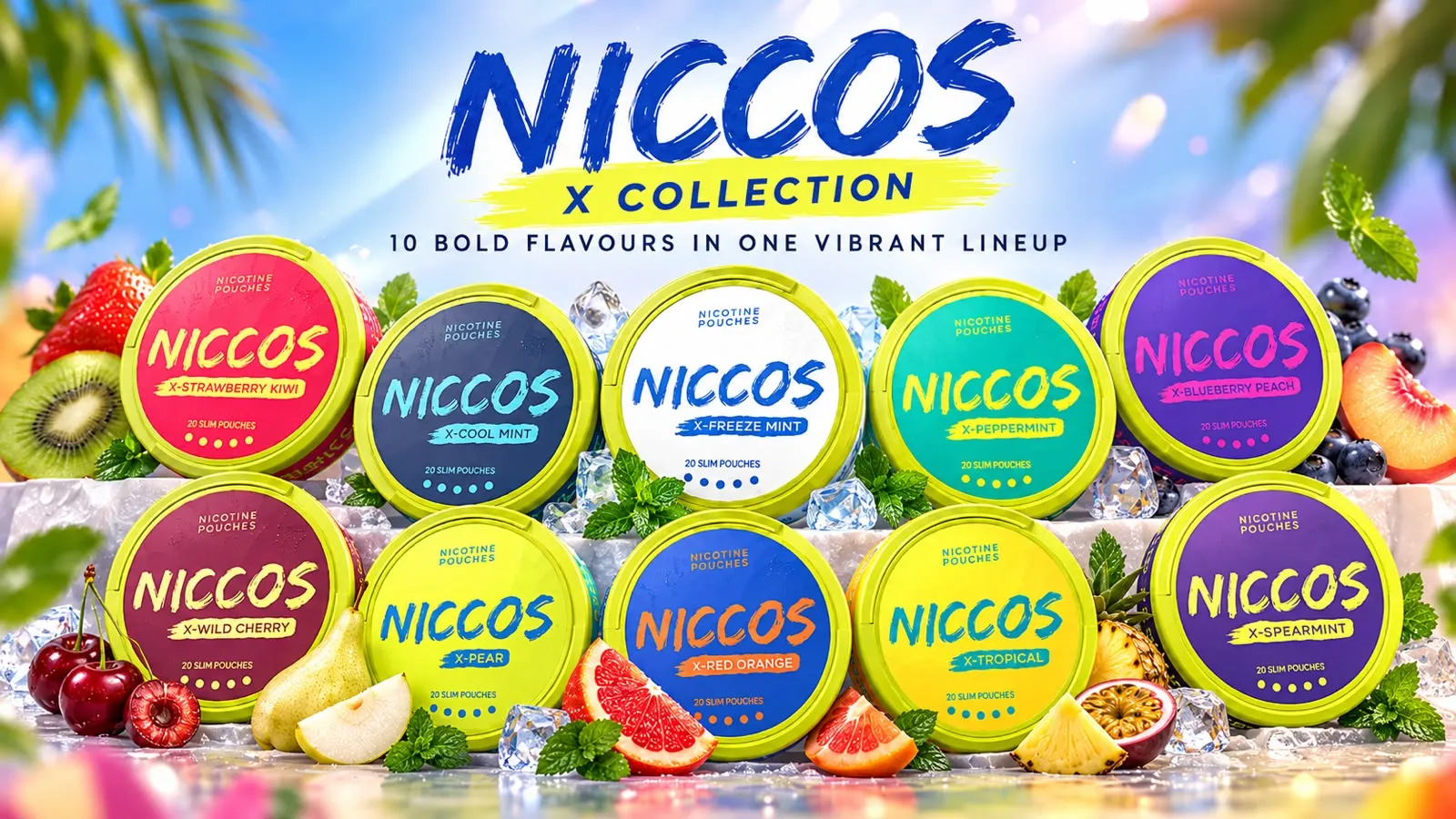 NICCOS Mix Box — ten cans shown on the box's banner artwork