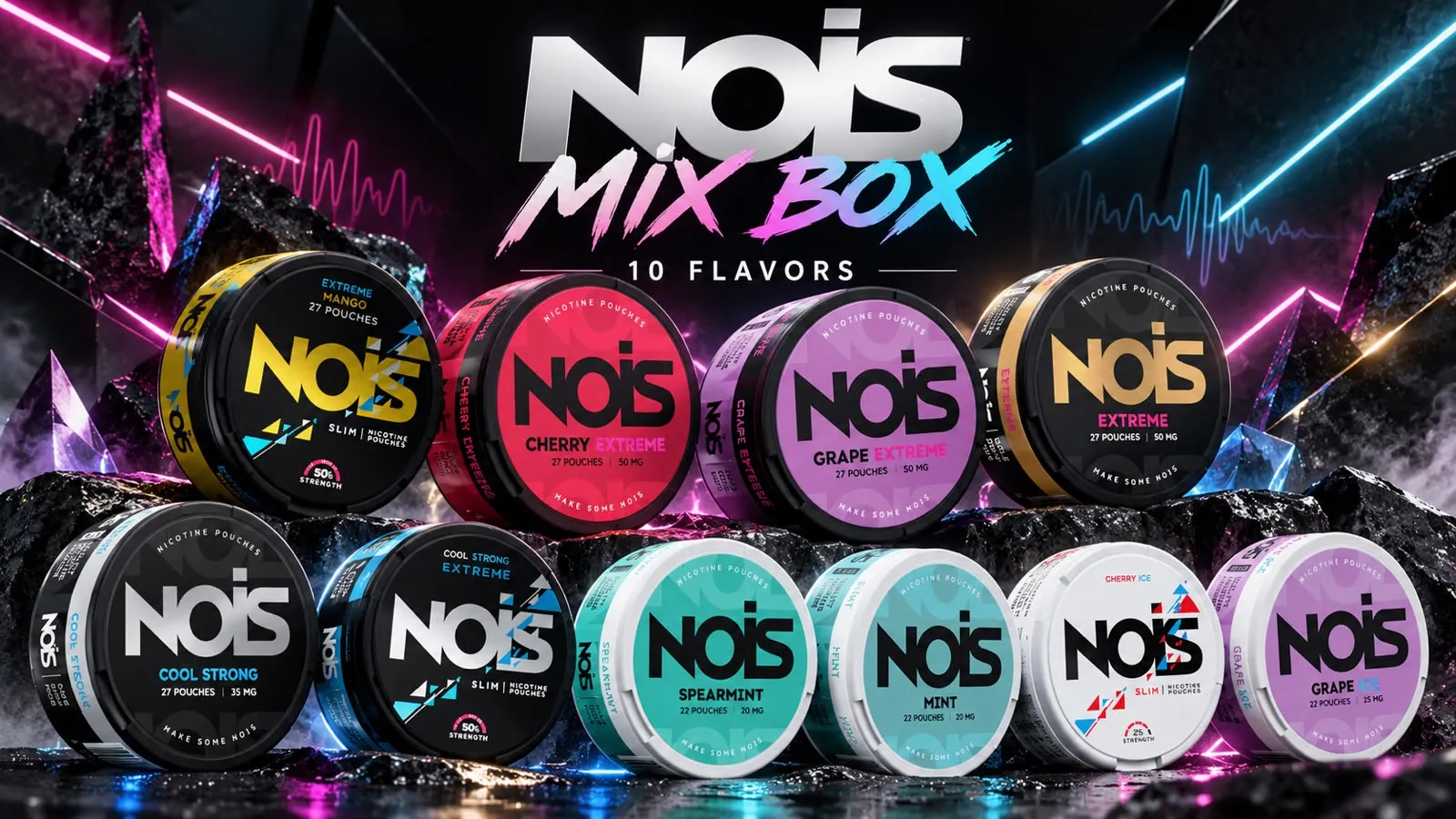 NOIS Mix Box — ten cans shown on the box's banner artwork