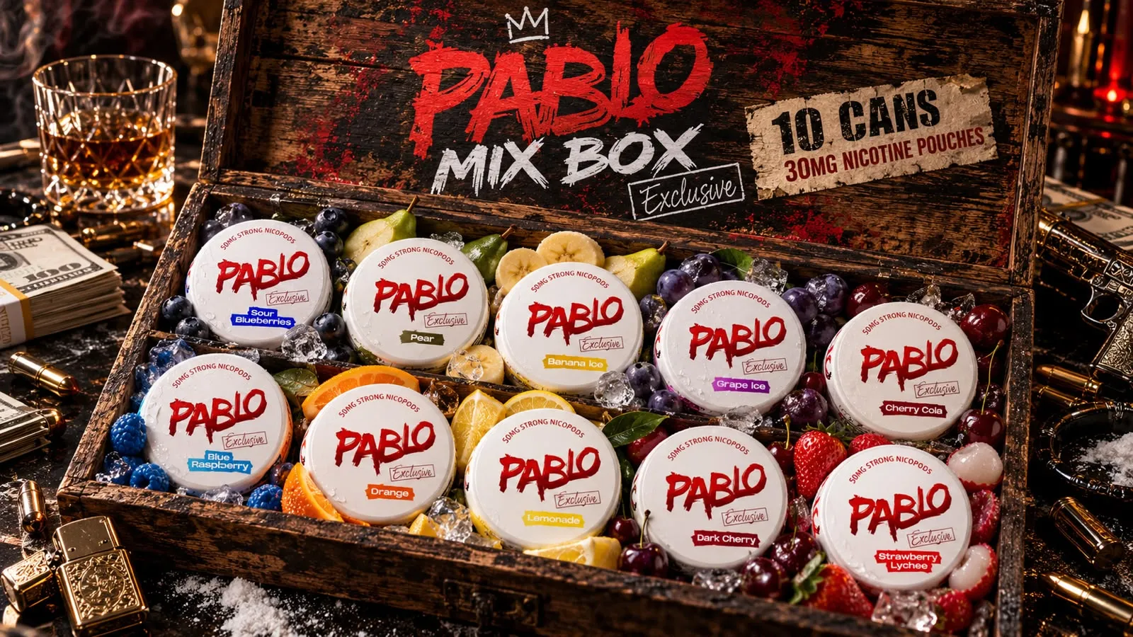 PABLO Mix Box — ten cans shown on the box's banner artwork