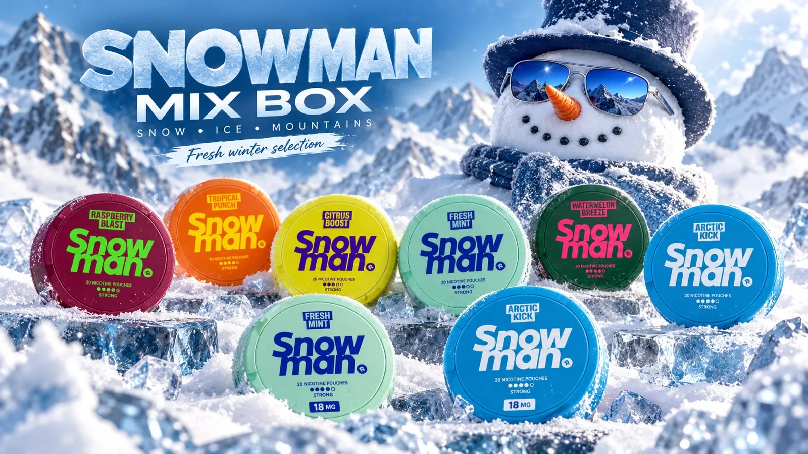 Snowman Mix Box — ten cans shown on the box's banner artwork