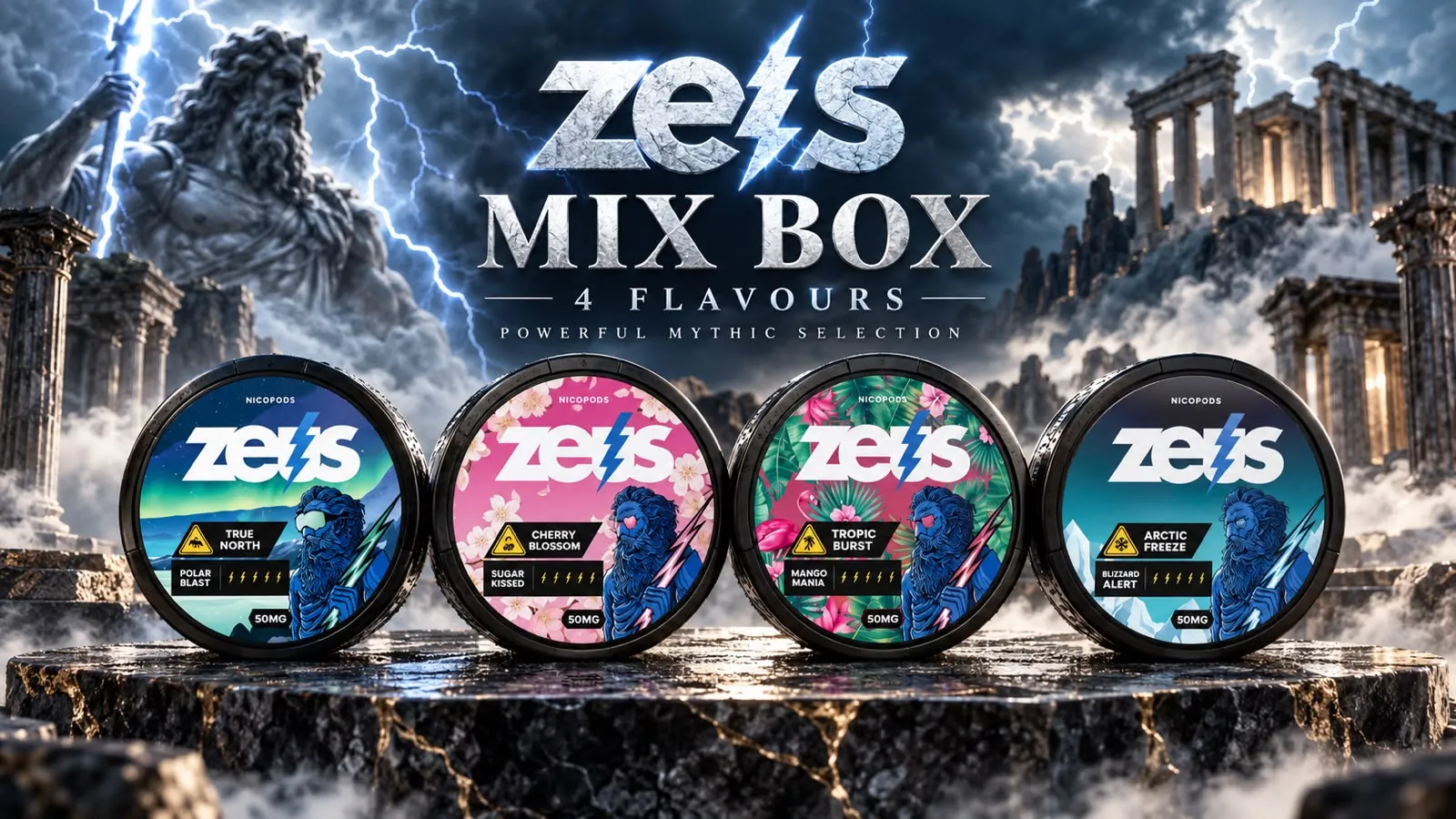 ZEUS Mix Box — ten cans shown on the box's banner artwork