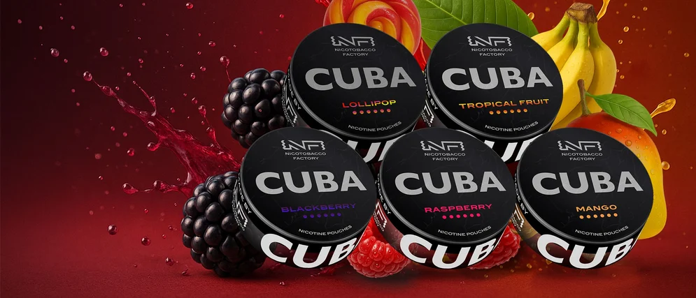CUBA nicotine pouch cans; each pouch holds 43 mg of nicotine, printed on the can as 66 mg/g