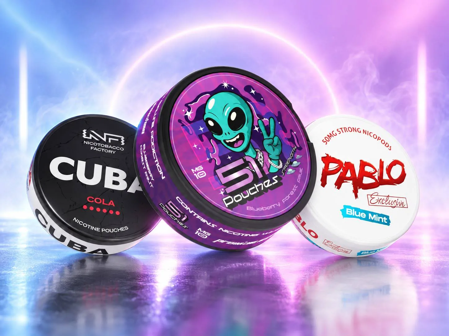 Three nicotine pouch cans on a neon-lit stage: CUBA Cola, 51 Pouches Blueberry Forest and PABLO Exclusive Blue Mint