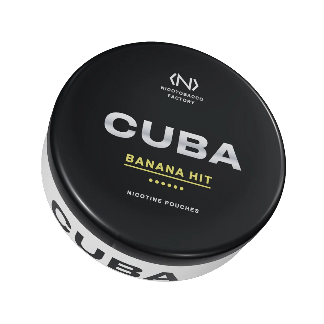 CUBA Banana Hit Strong nicotine pouch can, three-quarter view