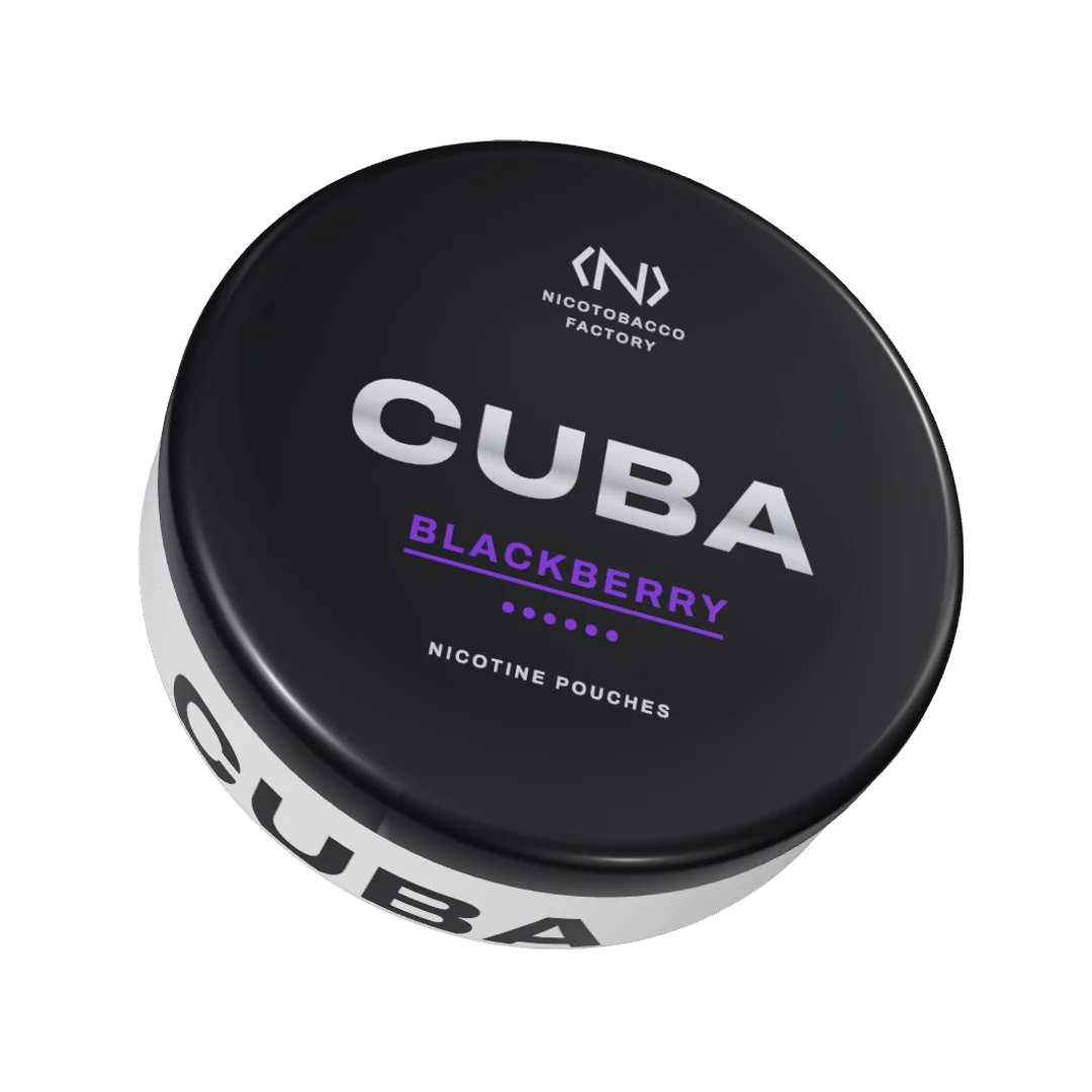 CUBA Blackberry Strong nicotine pouch can, three-quarter view