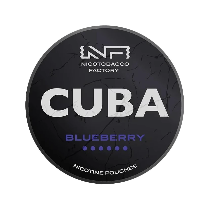 CUBA Blueberry nicotine pouch can, lid seen from above