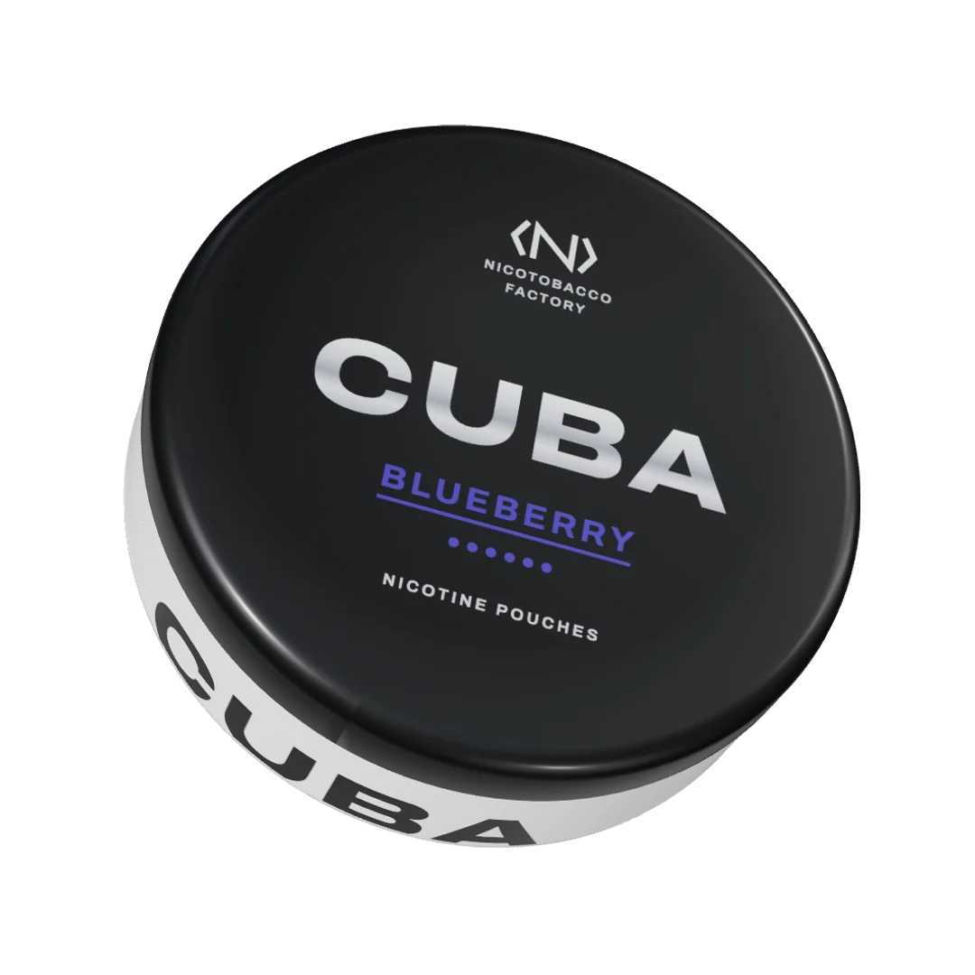 CUBA Blueberry Strong nicotine pouch can, three-quarter view