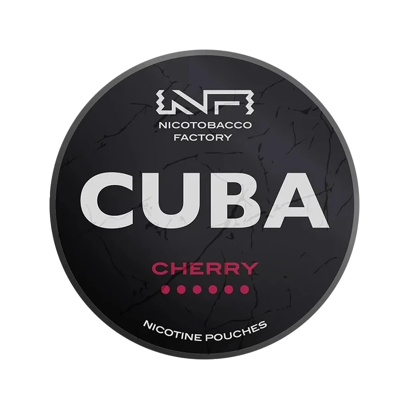 CUBA Cherry nicotine pouch can, lid seen from above