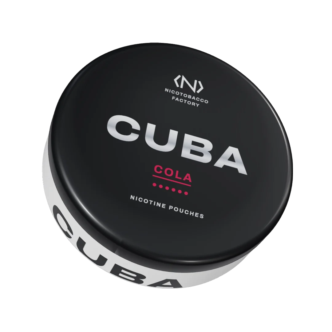CUBA Cola Strong nicotine pouch can, three-quarter view