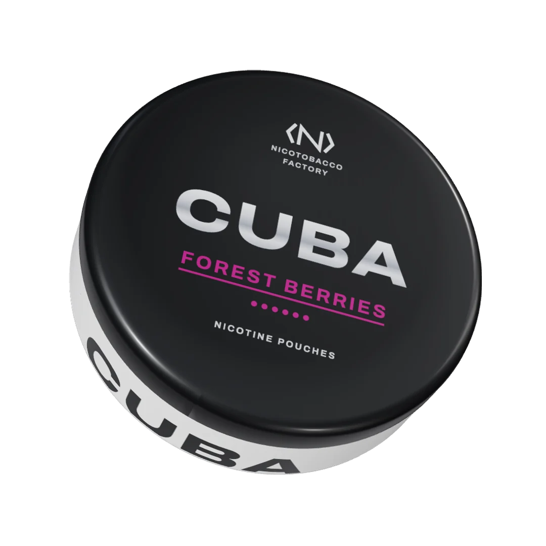 CUBA Forest Berries Strong nicotine pouch can, three-quarter view