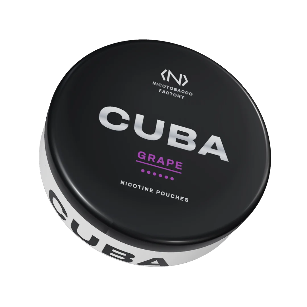 CUBA Grape Strong nicotine pouch can, three-quarter view