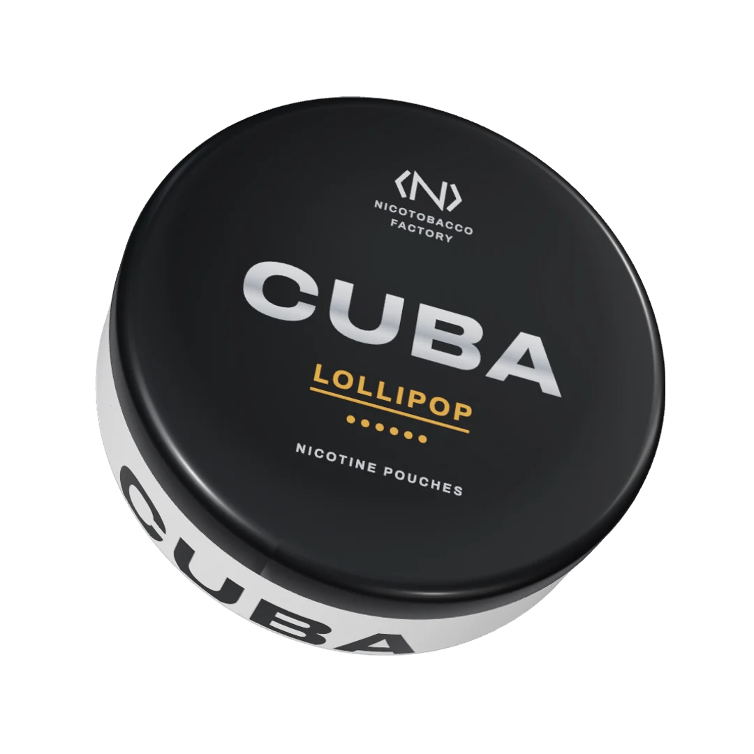 CUBA Lollipop Strong nicotine pouch can, three-quarter view