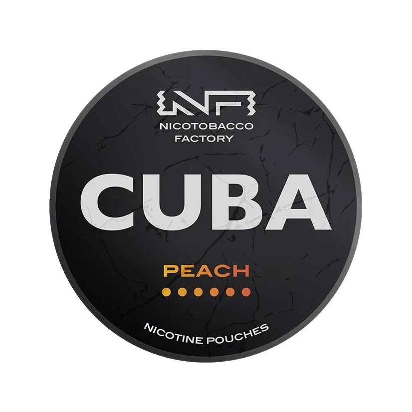 CUBA Peach nicotine pouch can, lid seen from above