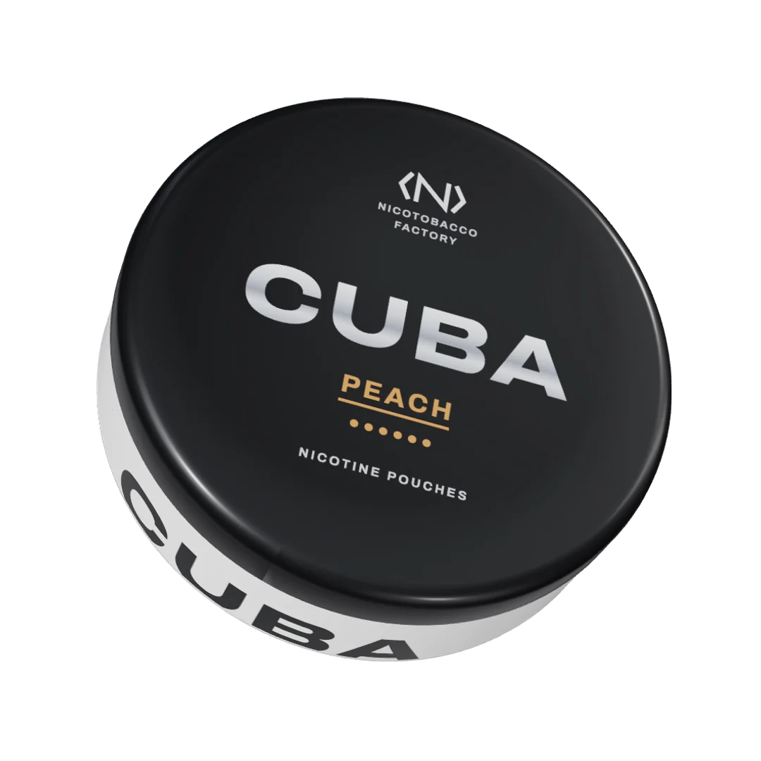 CUBA Peach Strong nicotine pouch can, three-quarter view
