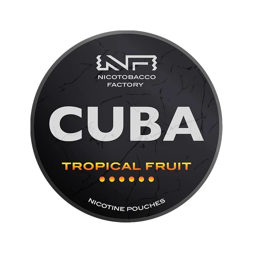 CUBA Tropical Fruit nicotine pouch can, lid seen from above