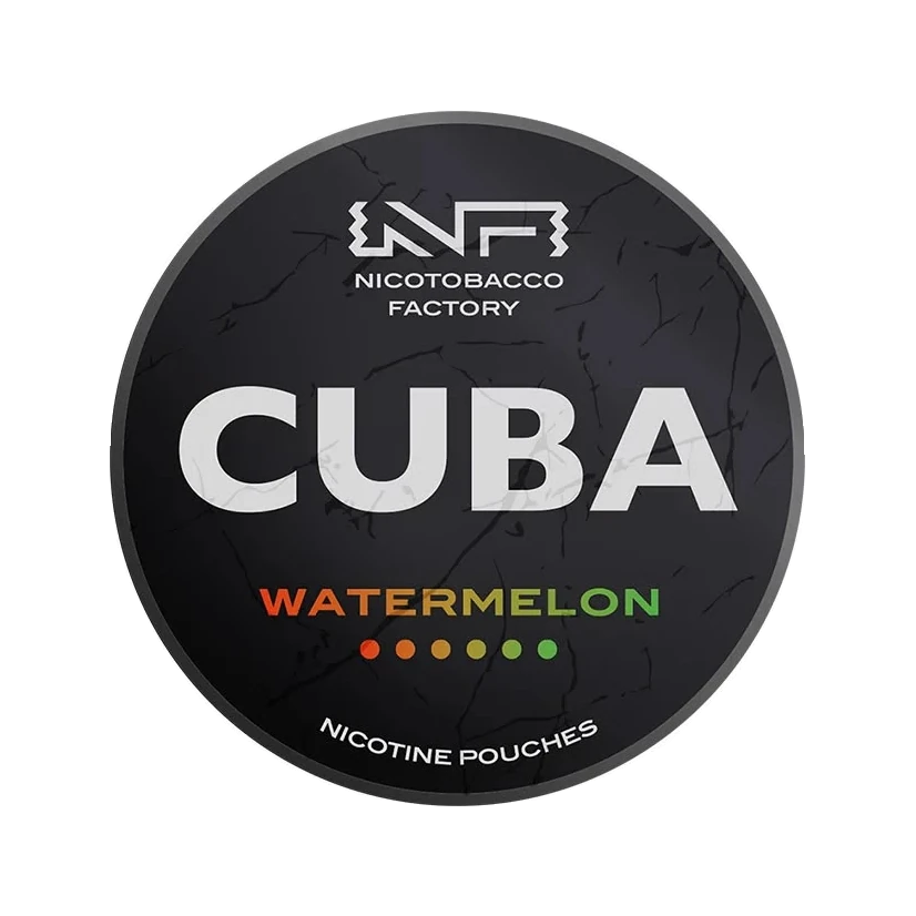 CUBA Watermelon nicotine pouch can, lid seen from above