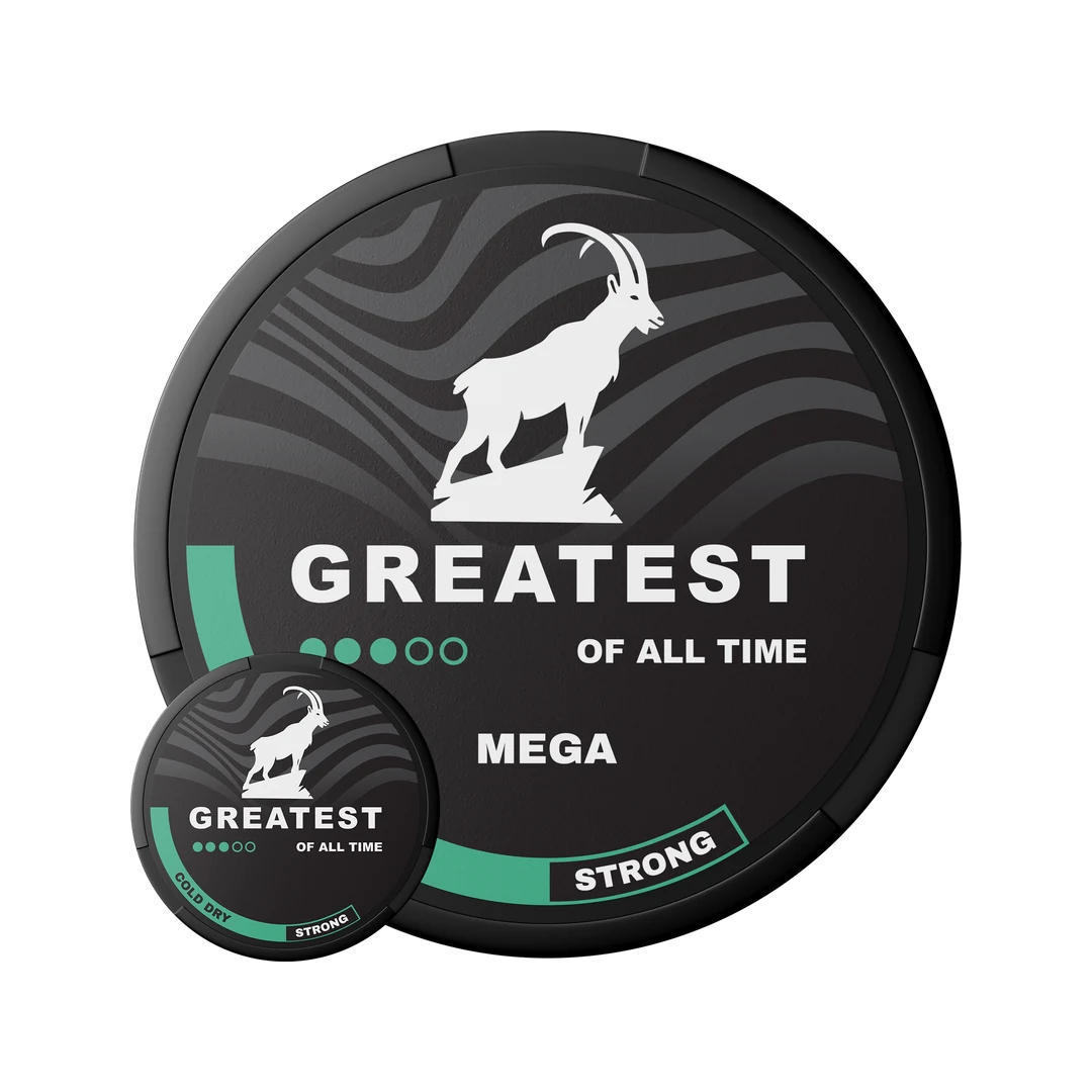 Greatest Cold Dry Mega Can 8 mg nicotine pouch can, lid seen from above