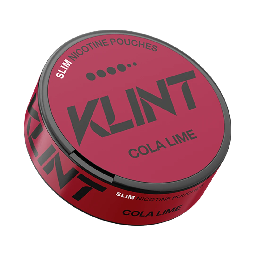 KLINT Cola Lime nicotine pouch can, three-quarter view