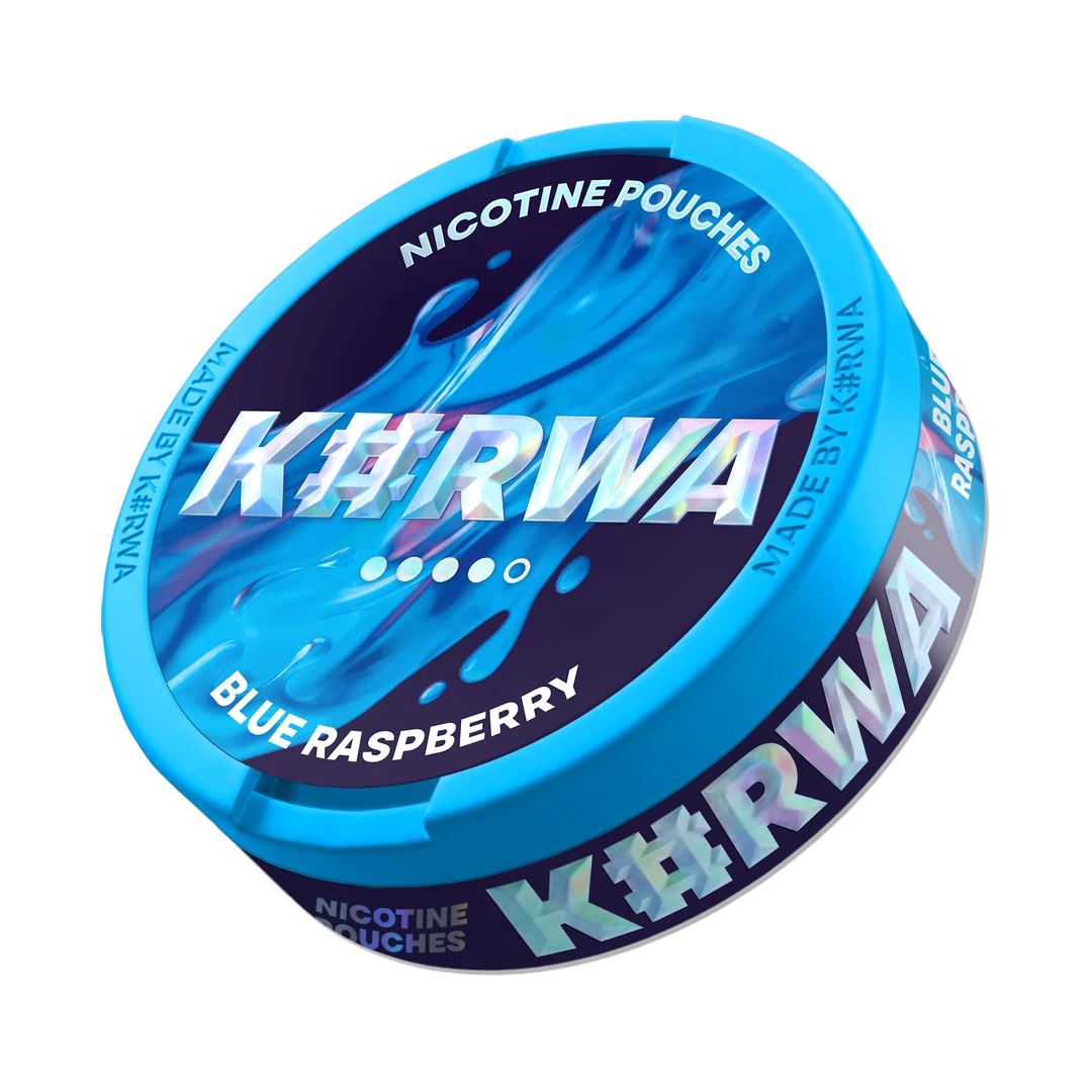K#RWA Blue Raspberry nicotine pouch can, three-quarter view