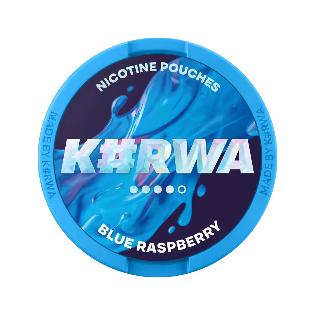 K#RWA Blue Raspberry nicotine pouch can, lid seen from above