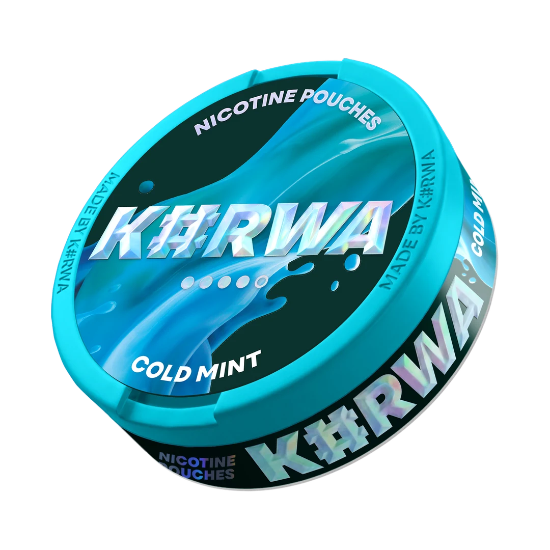 K#RWA Cold Mint nicotine pouch can, three-quarter view