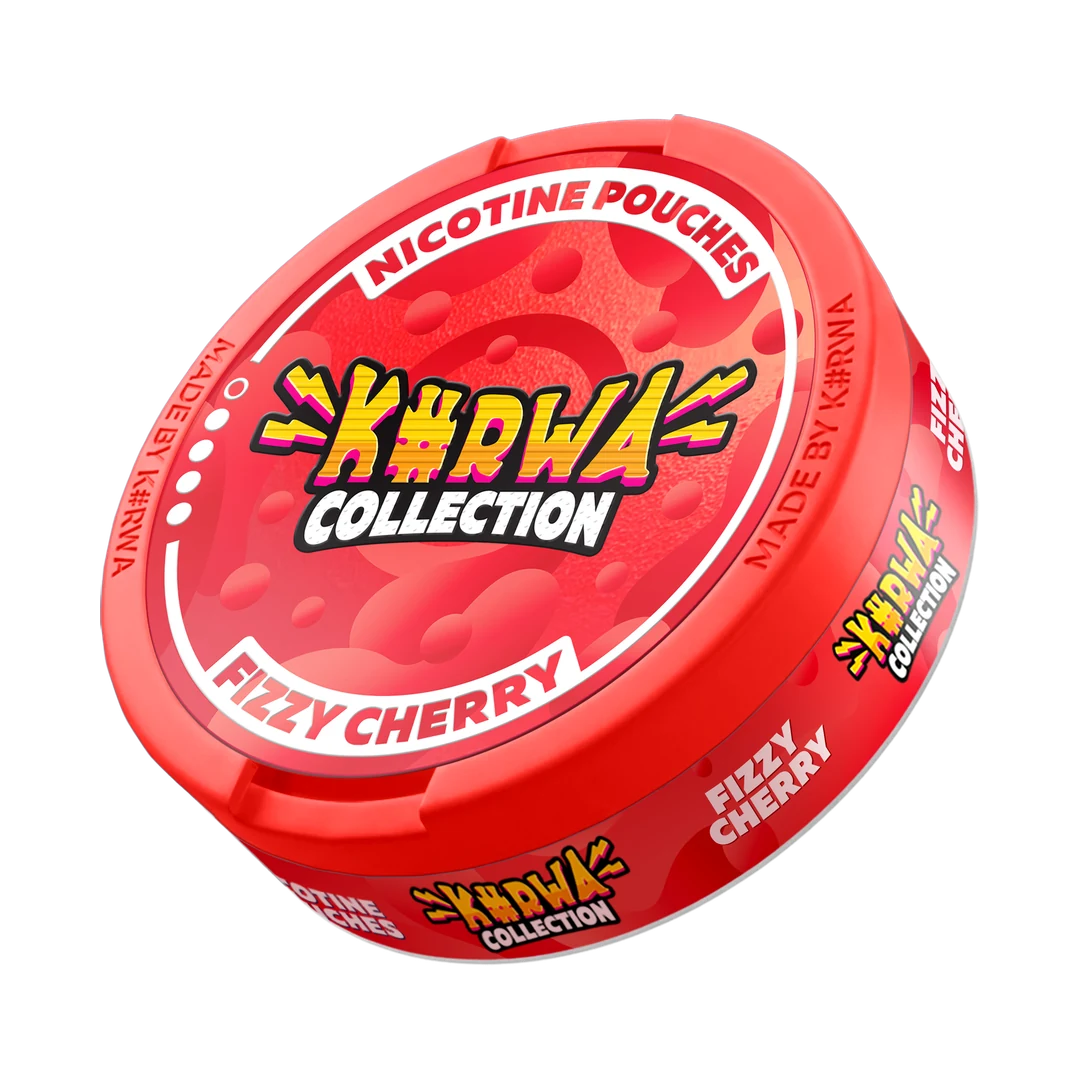 K#RWA Collection Fizzy Cherry nicotine pouch can, three-quarter view