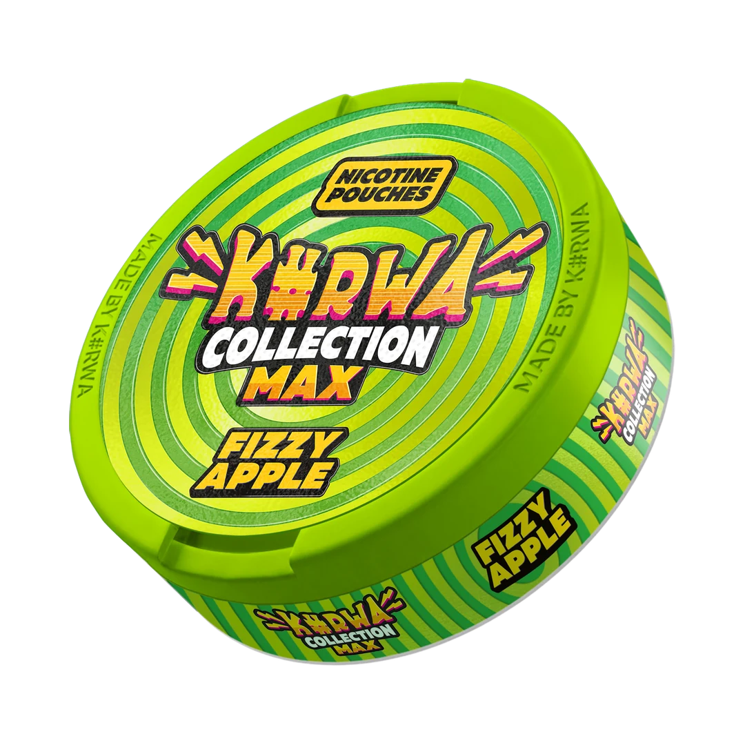 K#RWA Collection Max Fizzy Apple nicotine pouch can, three-quarter view