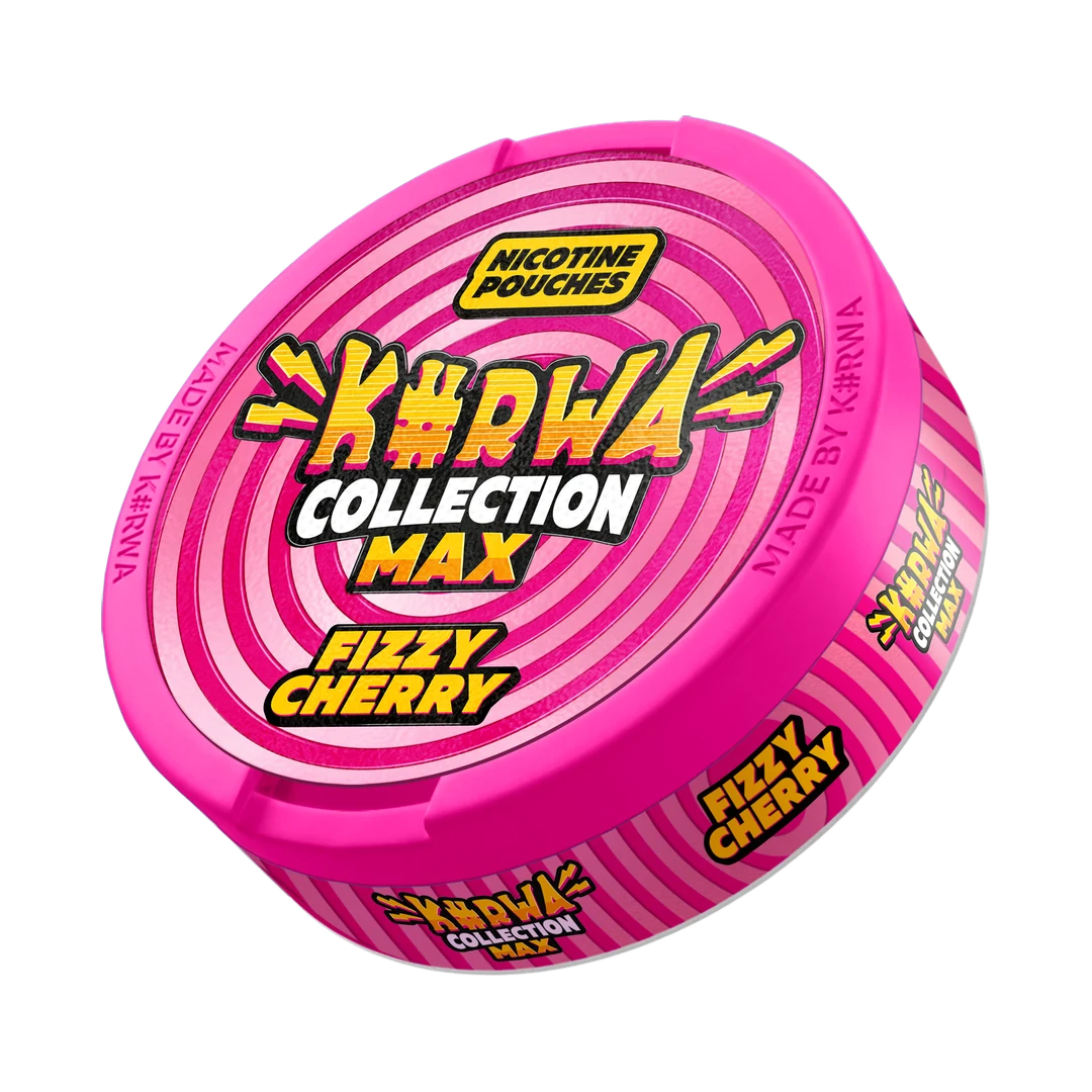 K#RWA Collection Max Fizzy Cherry nicotine pouch can, three-quarter view