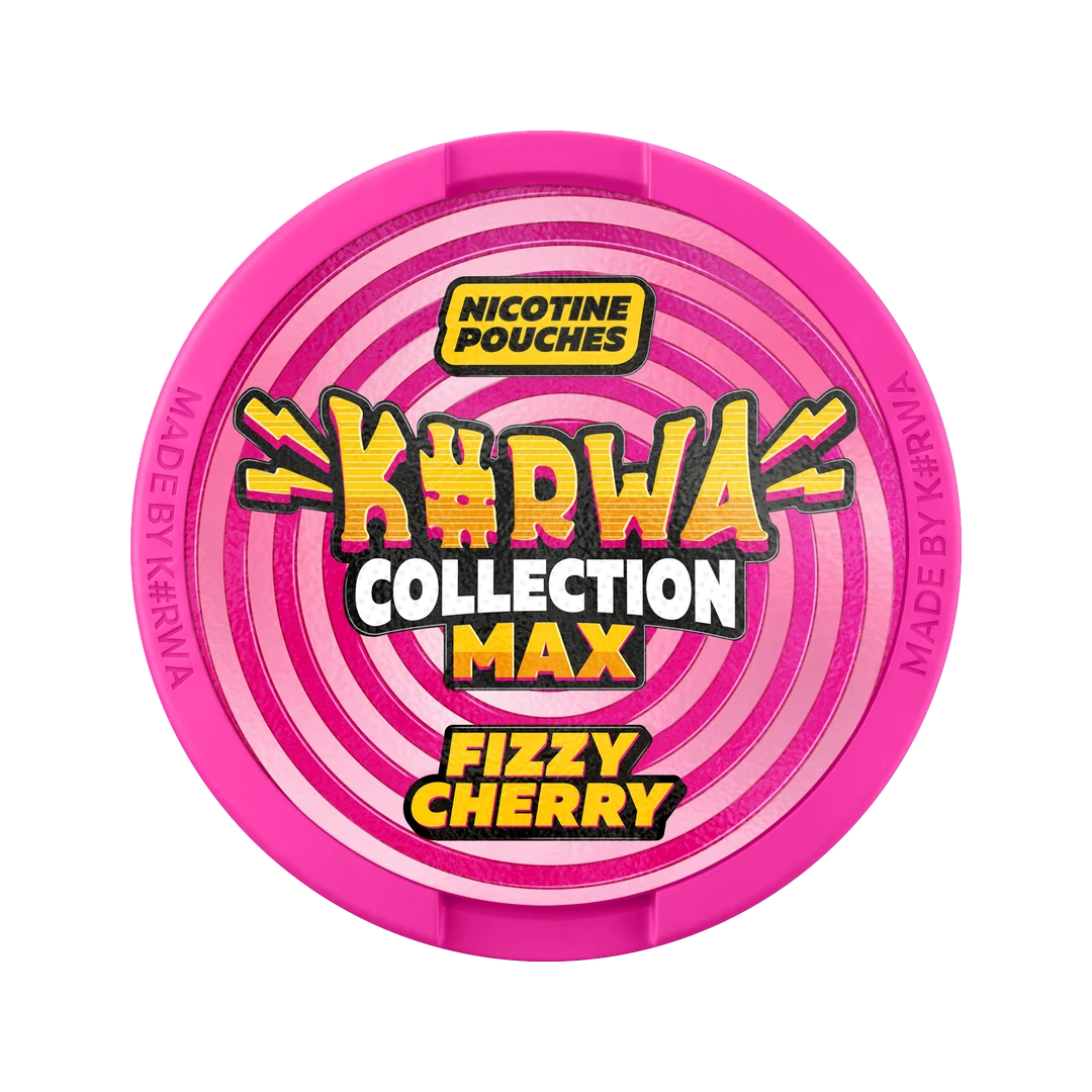 K#RWA Collection Max Fizzy Cherry nicotine pouch can, lid seen from above