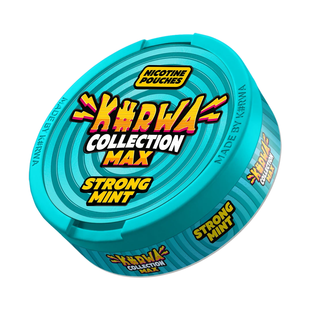 K#RWA Collection Max Strong Mint nicotine pouch can, three-quarter view
