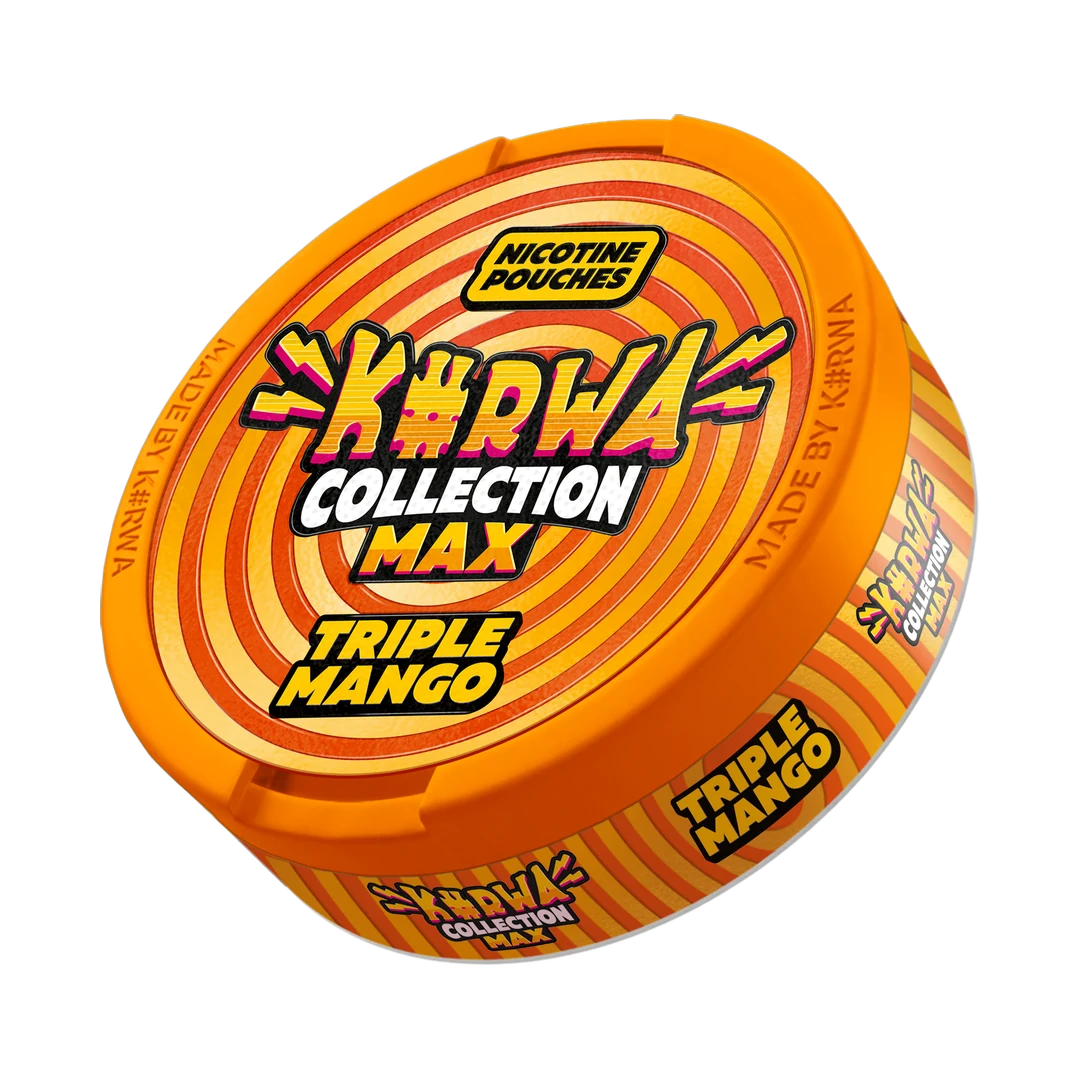 K#RWA Collection Max Triple Mango nicotine pouch can, three-quarter view