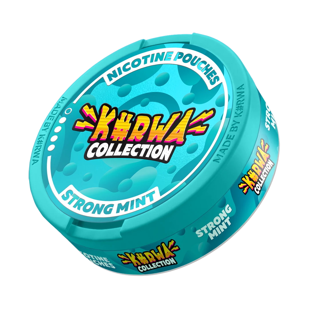 K#RWA Collection Strong Mint nicotine pouch can, three-quarter view