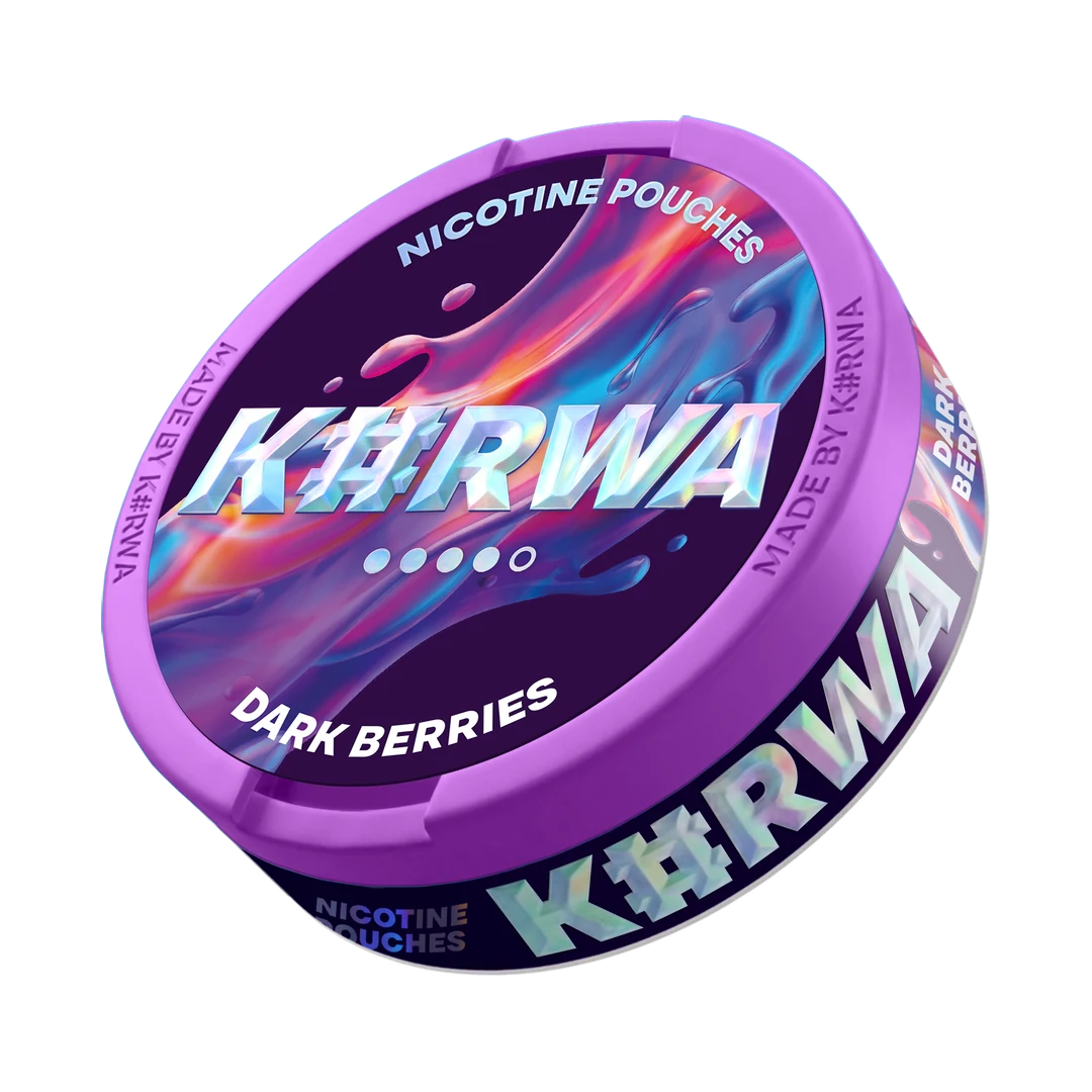 K#RWA Dark Berries nicotine pouch can, three-quarter view