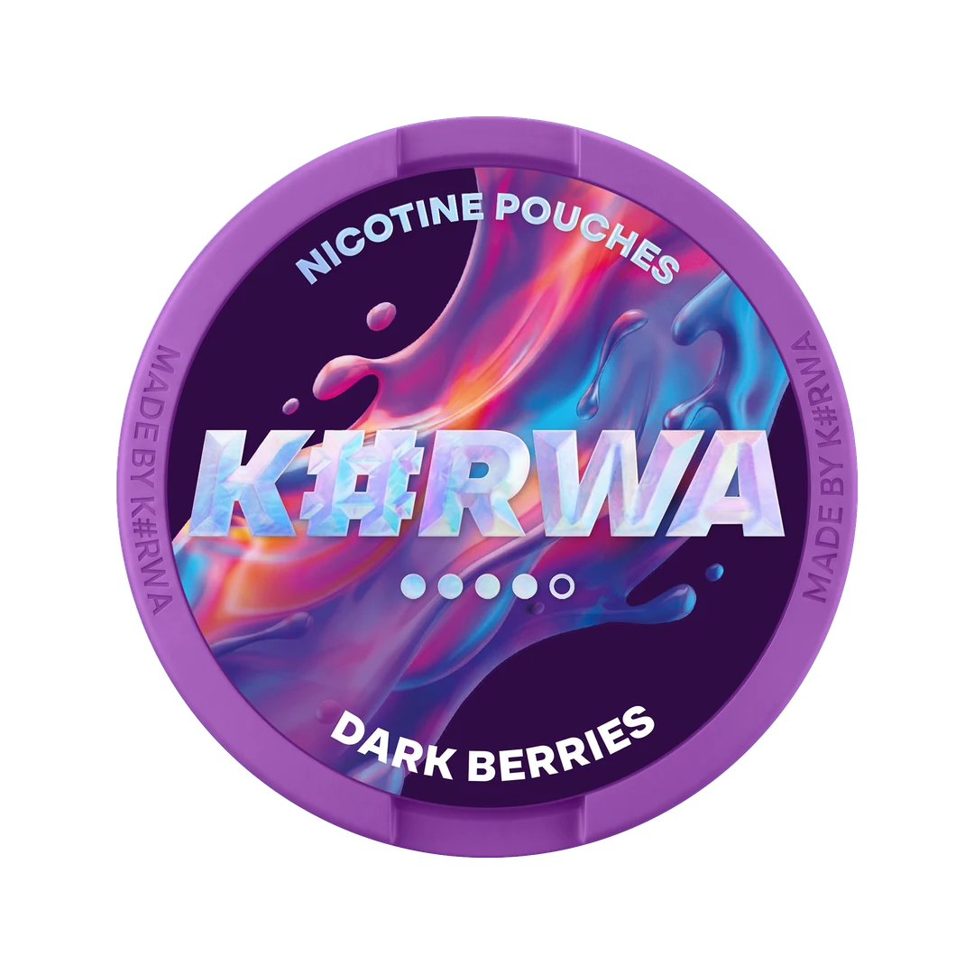 K#RWA Dark Berries nicotine pouch can, lid seen from above
