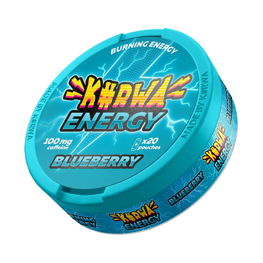 K#RWA Energy Blueberry caffeine pouch can, three-quarter view