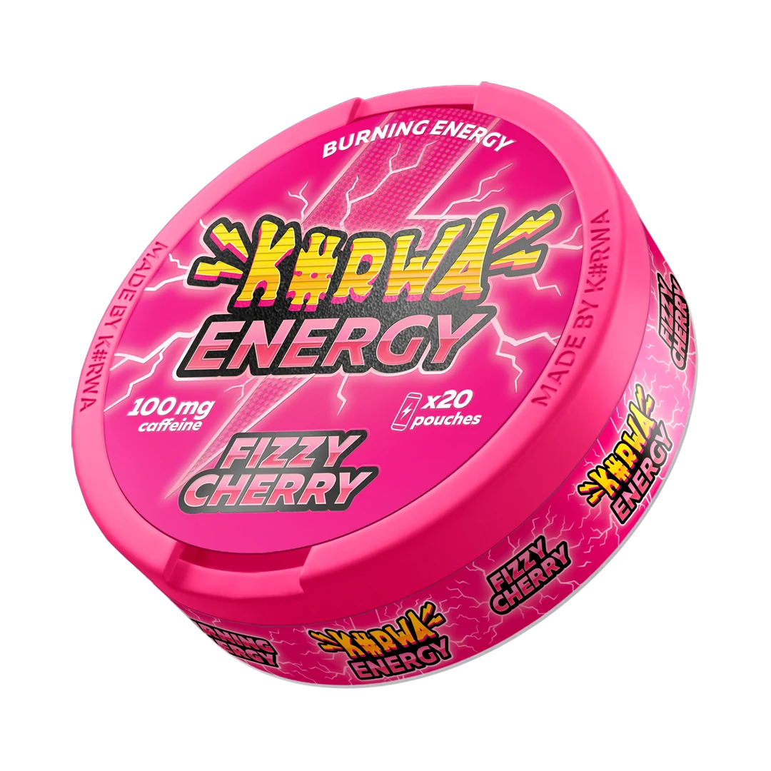 K#RWA Energy Fizzy Cherry caffeine pouch can, three-quarter view