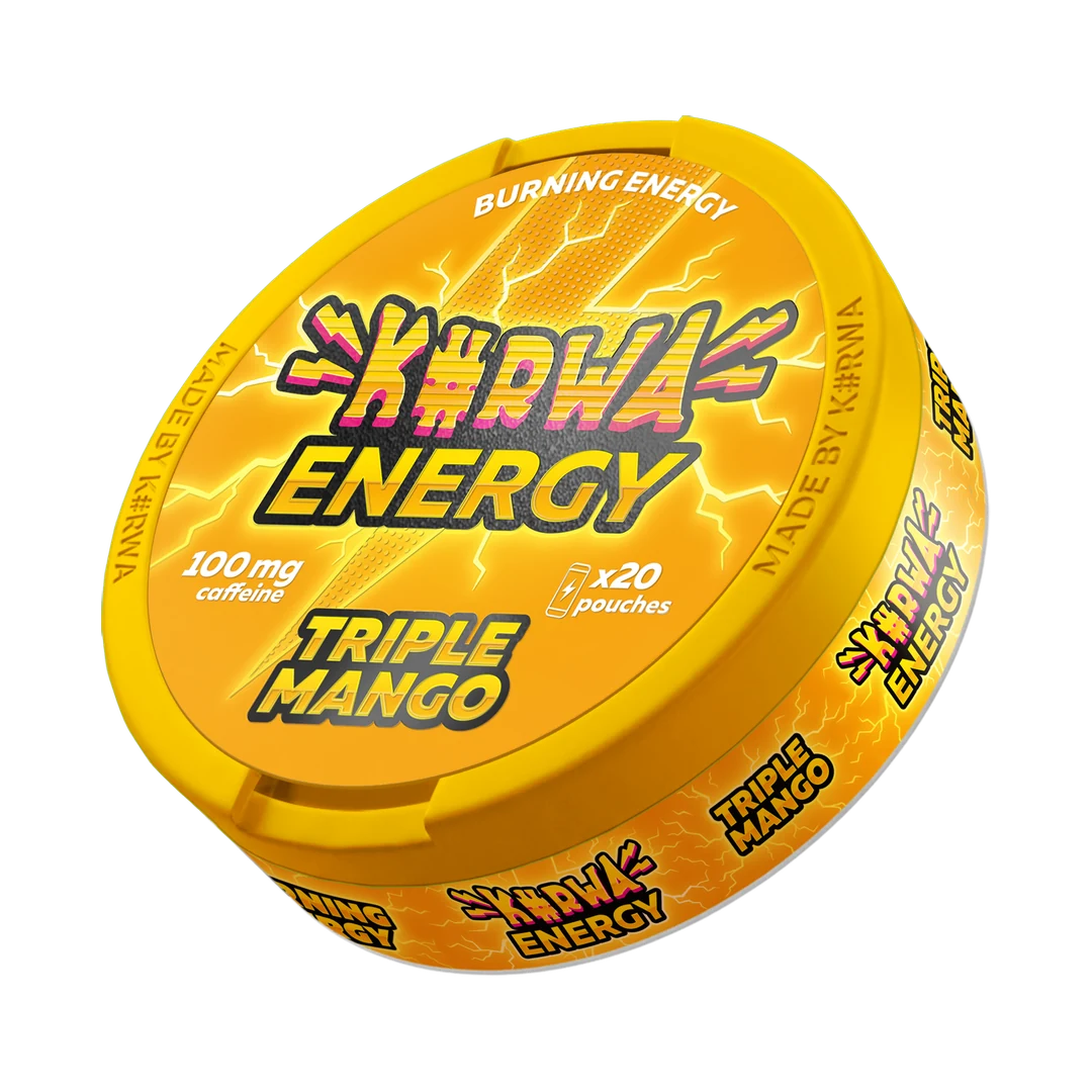 K#RWA Energy Triple Mango caffeine pouch can, three-quarter view