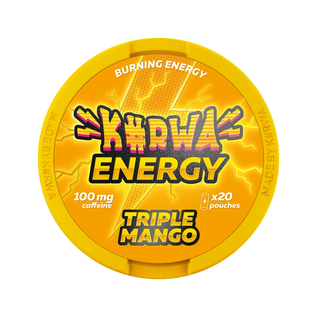 K#RWA Energy Triple Mango caffeine pouch can, lid seen from above