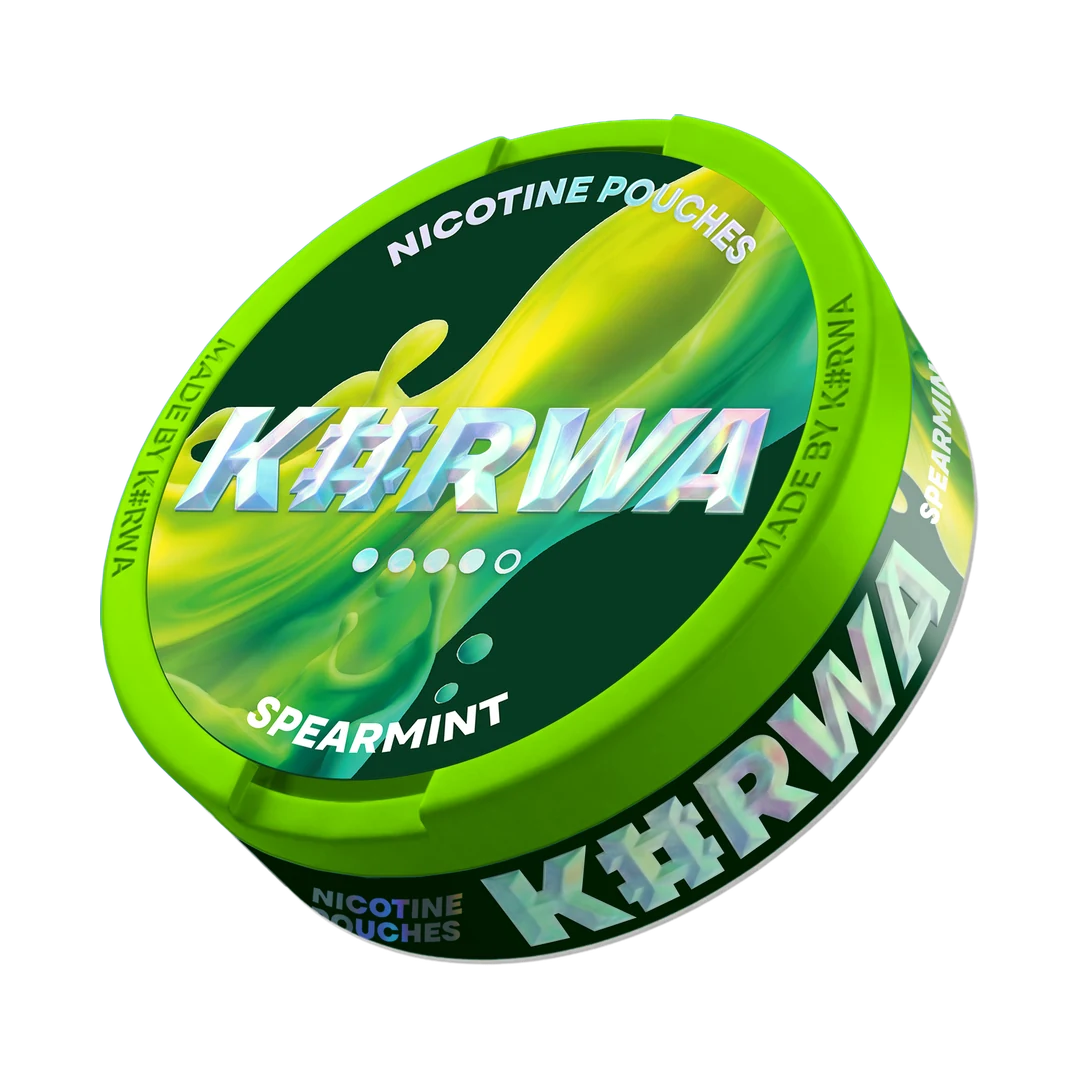 K#RWA Spearmint nicotine pouch can, three-quarter view