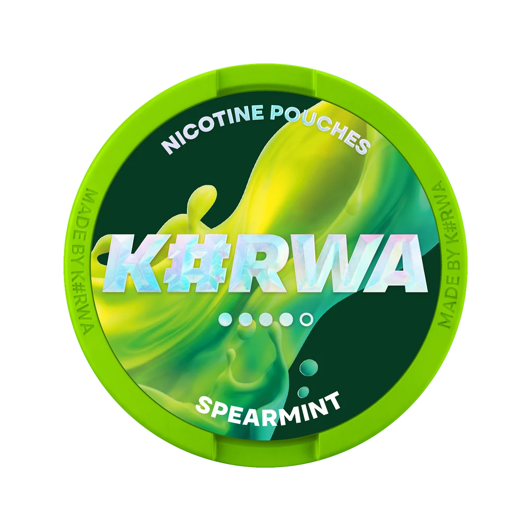 K#RWA Spearmint nicotine pouch can, lid seen from above