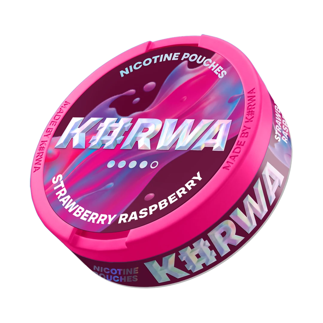 K#RWA Strawberry Raspberry nicotine pouch can, three-quarter view
